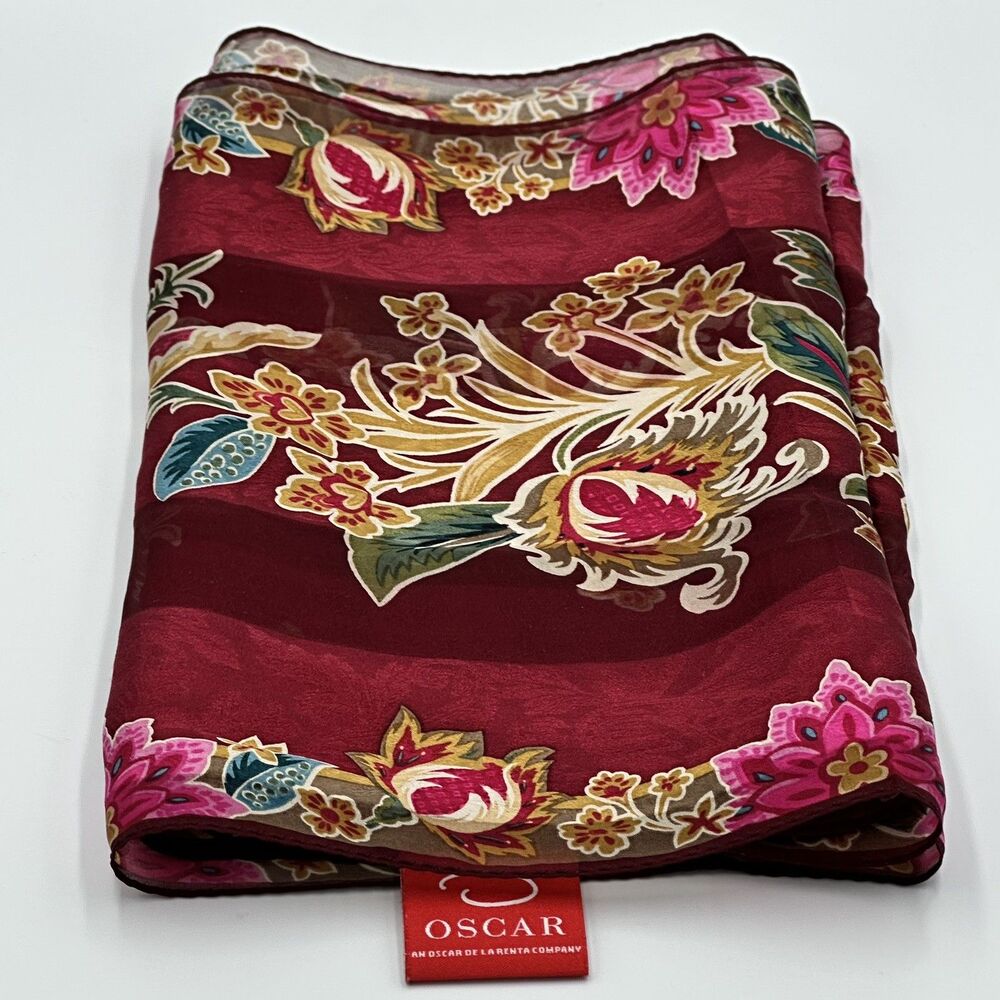 Oscar De La Renta Vintage Silk Floral Scarf 11”X 52” Burgundy, Gold, Bright Pink - Picture 4 of 11